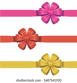 Vector cartoon big bows. Magenta, red and yellow ribbons with bows isolated on white