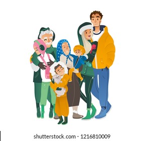 Vector cartoon big family hugging at winter outdoor clothing standing together. Adult couple, senior parents, grandmother and grandfather, boy and girl teen kids, small baby happy characters