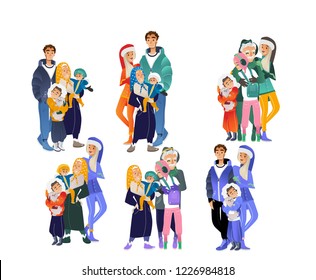 Vector cartoon big family hugging at winter outdoor clothing standing together set. Adult couple, senior parents, grandmother and grandfather, boy and girl teen kids, small baby happy characters
