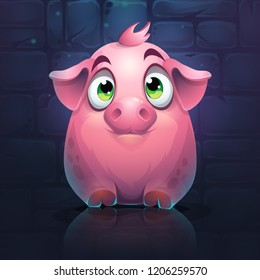 vector cartoon big pig on a brick wall background. Bright image to create original video or web games, graphic design, screen savers.