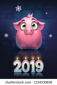 Vector cartoon big pig on a brick wall background with snowflake. Bright image to create original video or web games, graphic design, screen savers.