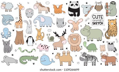 Vector cartoon big set of cute doodle animals. Perfect for postcard, birthday, baby book, children room. Lamb, crocodile, zebra, camel, rabbit, leopard, shark, wolf, panda, elephant