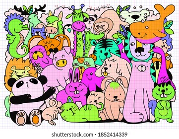 Vector cartoon big set of cute doodle animals. Perfect for postcard  birthday  baby book  children room , illustration for coloring book ,Each on a separate layer.