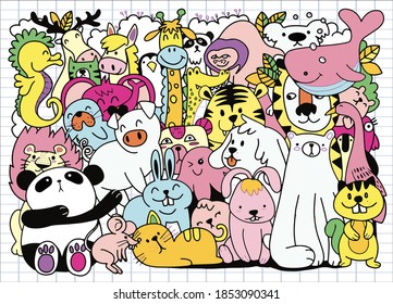 Vector cartoon big set of cute doodle animals. Perfect for postcard  birthday  baby book  children room , illustration for coloring book ,Each on a separate layer.