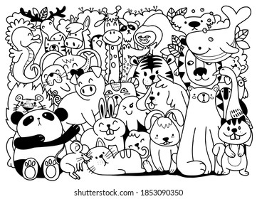 Vector cartoon big set of cute doodle animals. Perfect for postcard  birthday  baby book  children room