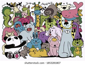 Vector cartoon big set of cute doodle animals. Perfect for postcard  birthday  baby book  children room , illustration for coloring book ,Each on a separate layer.