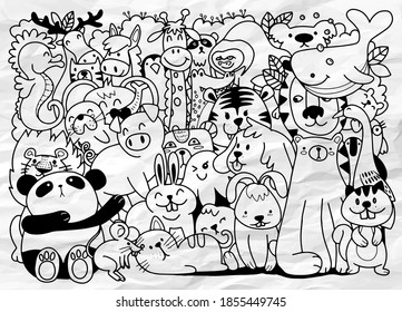 Vector cartoon big set of cute doodle animals. Perfect for postcard  birthday  baby book  children room