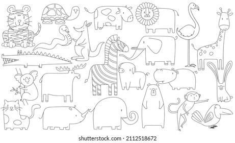 Vector cartoon big set of cute doodle animals.
