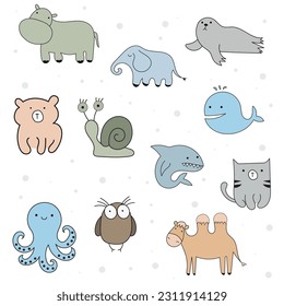 Vector cartoon big set of cute doodle animals