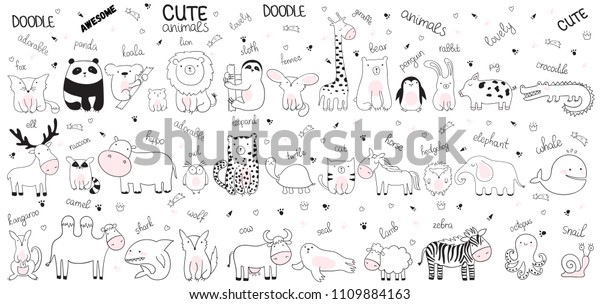 Vector cartoon
big set of cute doodle animals. Perfect for postcard, birthday,
baby book, children room. Lamb, crocodile, zebra, camel, octopus,
whale, shark, wolf, cow,
snail