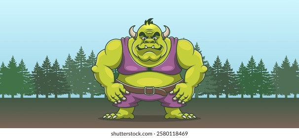 Vector cartoon big strong scary green standing powerful ugly horned and fanged forest ogre or goblin. Toon fairy tale evil monster. Legends and epics