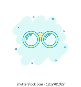 Vector cartoon binocular icon in comic style. Binoculars explore sign illustration pictogram. Binocular business splash effect concept.