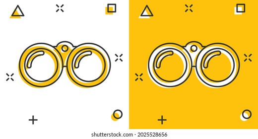 Icono binocular de dibujos animados en estilo cómico. Los binoculares exploran el pictograma de ilustración de signo. Concepto de efecto de salpicadura de negocios binocular.