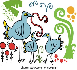 Vector cartoon of bird feeding chicks with worms
