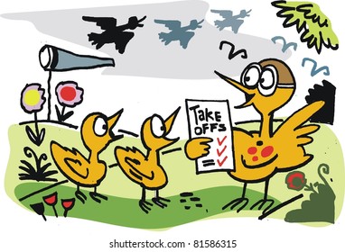 Vector cartoon of bird flying school