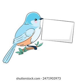 Vector cartoon bird holds a banner in its beak, advertising, poster, template design cute illustration Hand drawn 