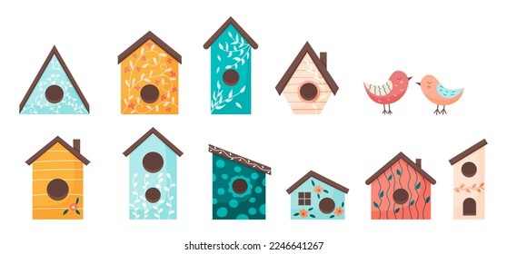 Vector cartoon bird houses illustration collection. Nesting box for birds for garden decorated spring flowers set isolated on white background. Flat stylish.