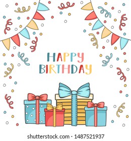 Vector Cartoon Birthday Greeting Card With Garlands, Gift Boxes, And Confetti. Colorful Party Background