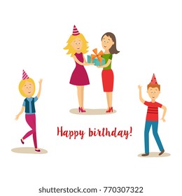 vector cartoon birthday party scenes set. man and girl in party hat having fun dancing, girl presenting present box to woman in pink dress. Isolated illustration on a white background.