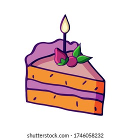 Un pedazo de pastel de cumpleaños con dibujos vectores con una crema, fresa, cereza, vela. Torta rosa de celebración para pastelería, panadería, confitería, tarjeta de cumpleaños. Aislado sobre un fondo blanco.