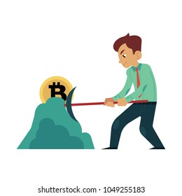 Vector cartoon bitcoin, mining concept. Male character, happy businessman in suit, smashing ground with hummer mining golden coin. Isolated illustration on a white background