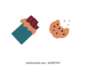 Vector cartoon bitten chocolate cookie and bitten dark chocolate bar. Flat illustration
