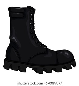 Vector Cartoon Black Army Boots. High Military Shoes. Side View.