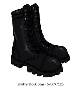 Vector Cartoon Black Army Boots. High Military Shoes