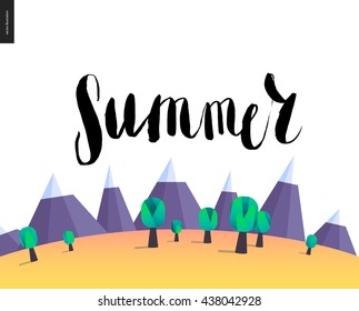 A vector cartoon black brush hand written lettering Summer, with landscape scene of field, trees, mountains on background