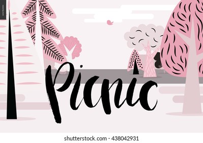 A vector cartoon black brush hand written lettering Picnic on pink forest landscape background