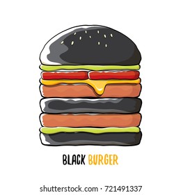 vector cartoon black burger icon with cheese, meat and salad icon isolated on white background.Tasty gourmet burger , hamburger. cheeseburger label design element. cafe or burger house logo concept