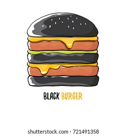 vector cartoon black burger icon with cheese, meat and salad icon isolated on white background.Tasty gourmet burger , hamburger. cheeseburger label design element. cafe or burger house logo concept