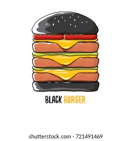vector cartoon black burger icon with cheese, meat and salad icon isolated on white background.Tasty gourmet burger , hamburger. cheeseburger label design element. cafe or burger house logo concept