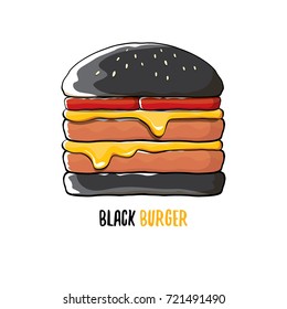 vector cartoon black burger icon with cheese, meat and salad icon isolated on white background.Tasty gourmet burger , hamburger. cheeseburger label design element. cafe or burger house logo concept
