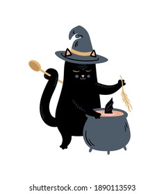 Vector cartoon black cat cook in a cauldron. Magical character, magic, spiritual, witch, spell, potion. Illustration isolated on white background