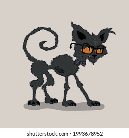 Vector cartoon black cat in glasses and bow-tie can be
used as textile decor, postcard, background or wallpaper