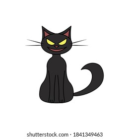 Vector cartoon black cat. Halloween character for decoration. Colorful witch's animal with black contour
