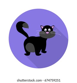 Vector cartoon black cat isolated on purple background