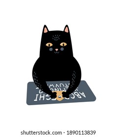 Vector cartoon black cat with ouija board. Magical character, magic, spiritual isolated on white background