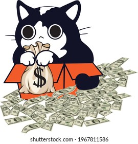vector cartoon black cat studded with money