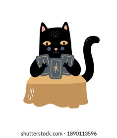 Vektorgrafik schwarze Katze mit Katze mit Tarotkarten. Magischer Charakter, Magie, spirituell, Vorfahren, Göttler, Wahrsager einzeln auf weißem Hintergrund