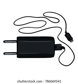 Vector Cartoon Black Charger for Mobile Phones on White Background