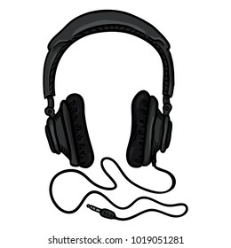 Vector Cartoon Black Circumaural Headphones with Wire on White Background