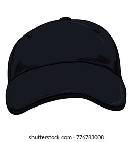 Vector Cartoon Black Classic Blank Baseball Cap. Front View.