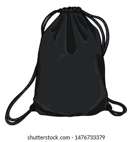 Vector Cartoon Black Drawstring Bag. Textile Backpack with Strings
