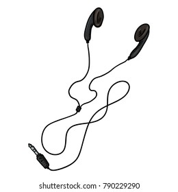 Vector Cartoon Black Earbuds and In-ear Headphones on White Background