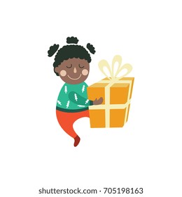 vector cartoon black girl character keeping present box in hands with smile on face. Flat illustration on a white background. Christmas, new year birthday gift concept