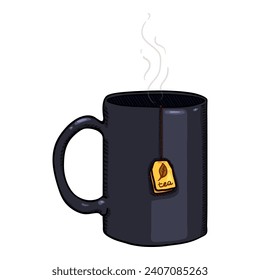 Vector Cartoon Black Mug with Tea-bag Label