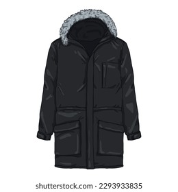 Vector Cartoon Black Parka Jacket. Winter Outerwear.