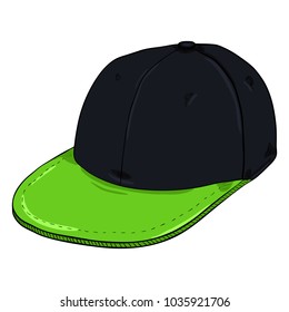 Vector Cartoon Black Retro Baseball Cap with Flat Green Peak. Hip-hop Headwear.